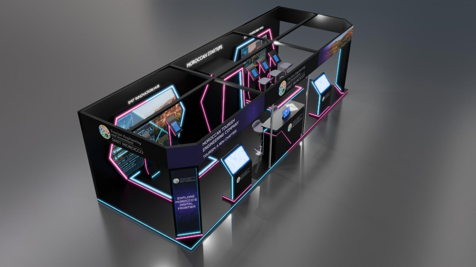 Rendu 3D stand LUMI — vue panoramique